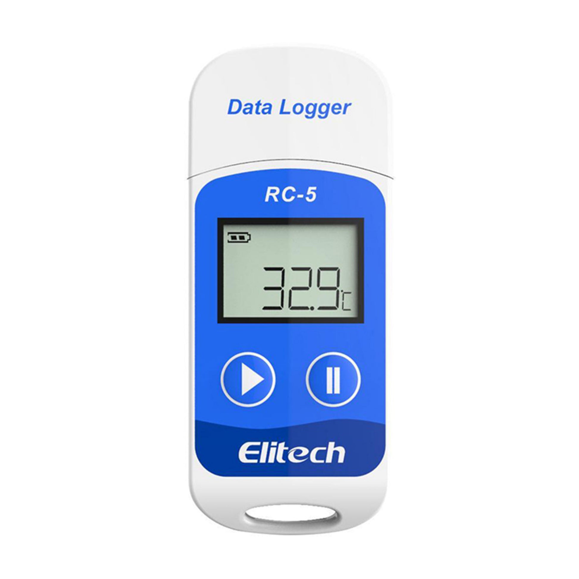 Elitech RC-5 USB Temperature Data Logger with a Digital Display Showing the Temperature. The Device is Primarily White with Blue Accents and Branding.
