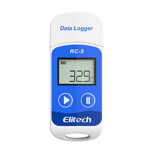 Elitech RC-5 USB Temperature Data Logger with a Digital Display Showing the Temperature. The Device is Primarily White with Blue Accents and Branding.