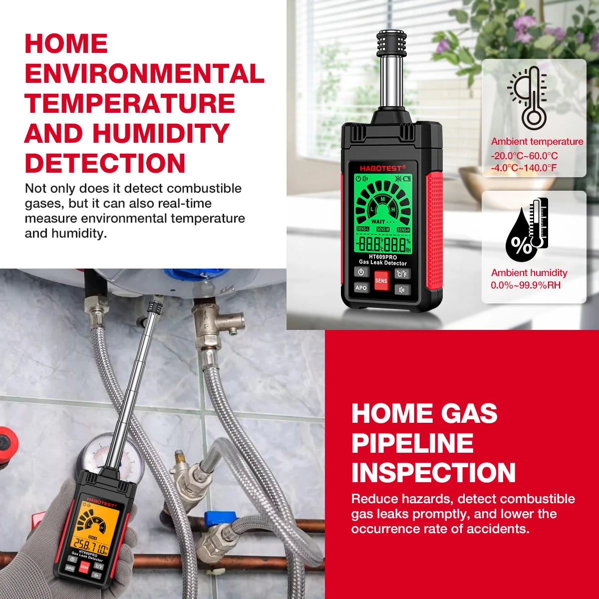 HABOTEST HT609 Pro Natural Gas Detector Gas Leak Detector 0-1000PPM Sound & Screen Alarm Flammable Natural Methane Gas Detector