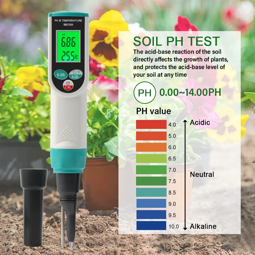 High Accuracy Soil pH Meter 0.00~14.00pH Digital Temp Acidity Soil Tester Sensor Analyzer for Outdoor Planting Garden Farmland