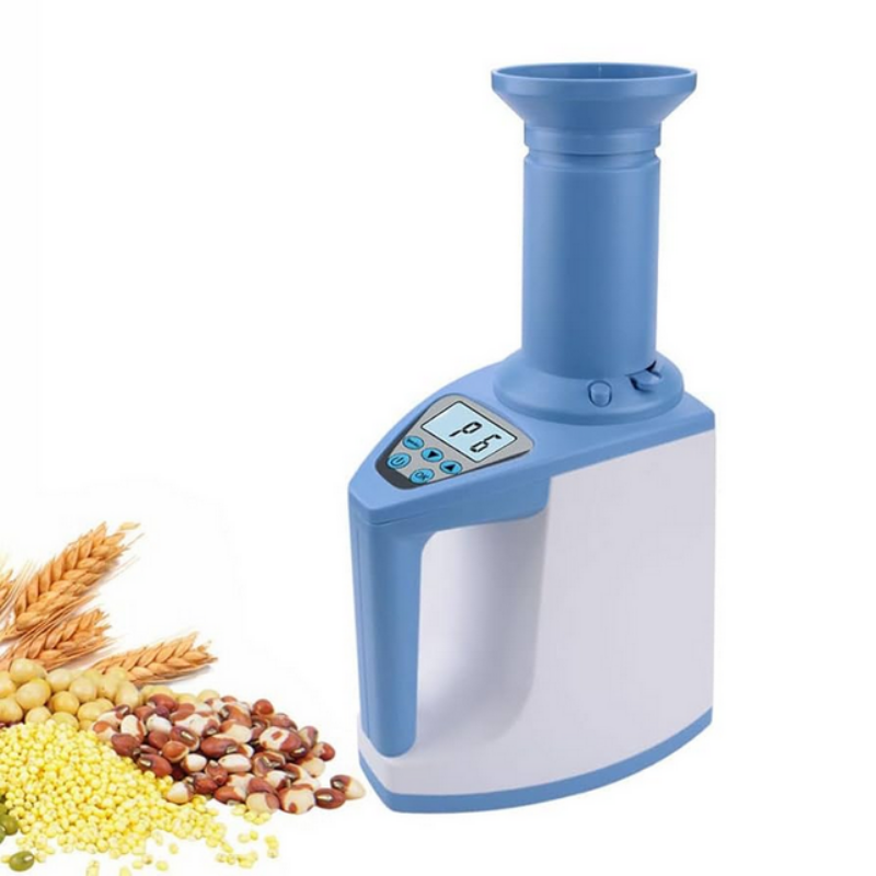 Blue and white grain moisture meter with digital display on a white background