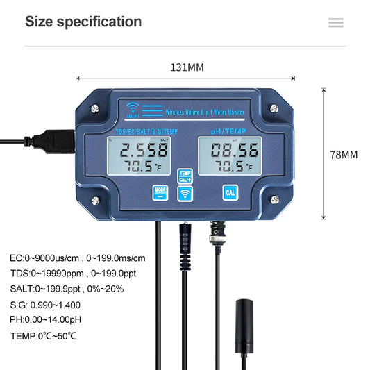 6-in-1 digital WiFi water tester measuring pH, EC, TDS, salinity, G.S., and temperature