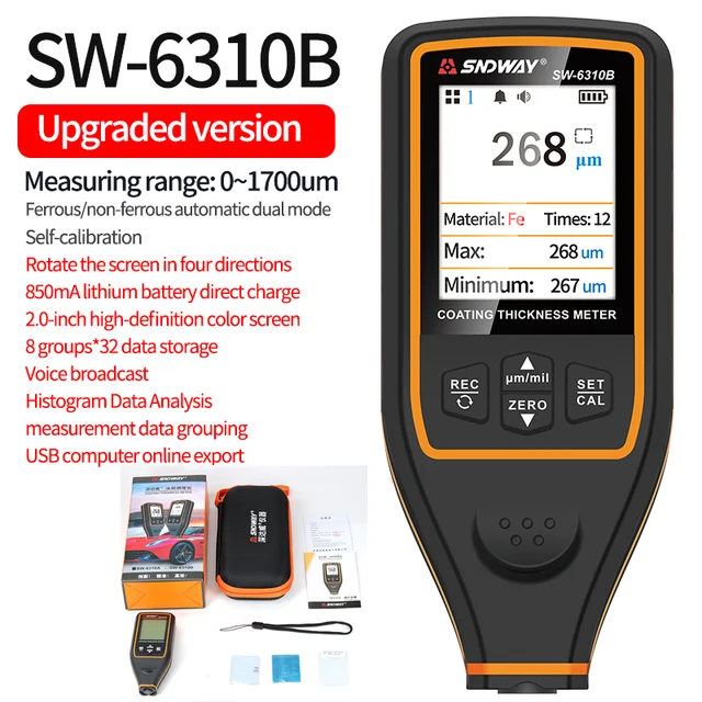 SNDWAY Coating Thickness Gauge For Cars SW-6310A 0.1um/0-1700 FE/NFE Paint Film Thickness Tester Coating Micro Meter Paint Tools