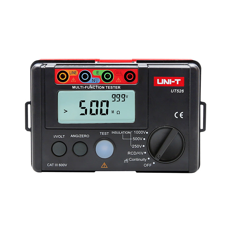 Front view of the UNI-T UT526 multifunction insulation tester displaying an over-range (>500MΩ) insulation resistance reading at the 1000V setting.