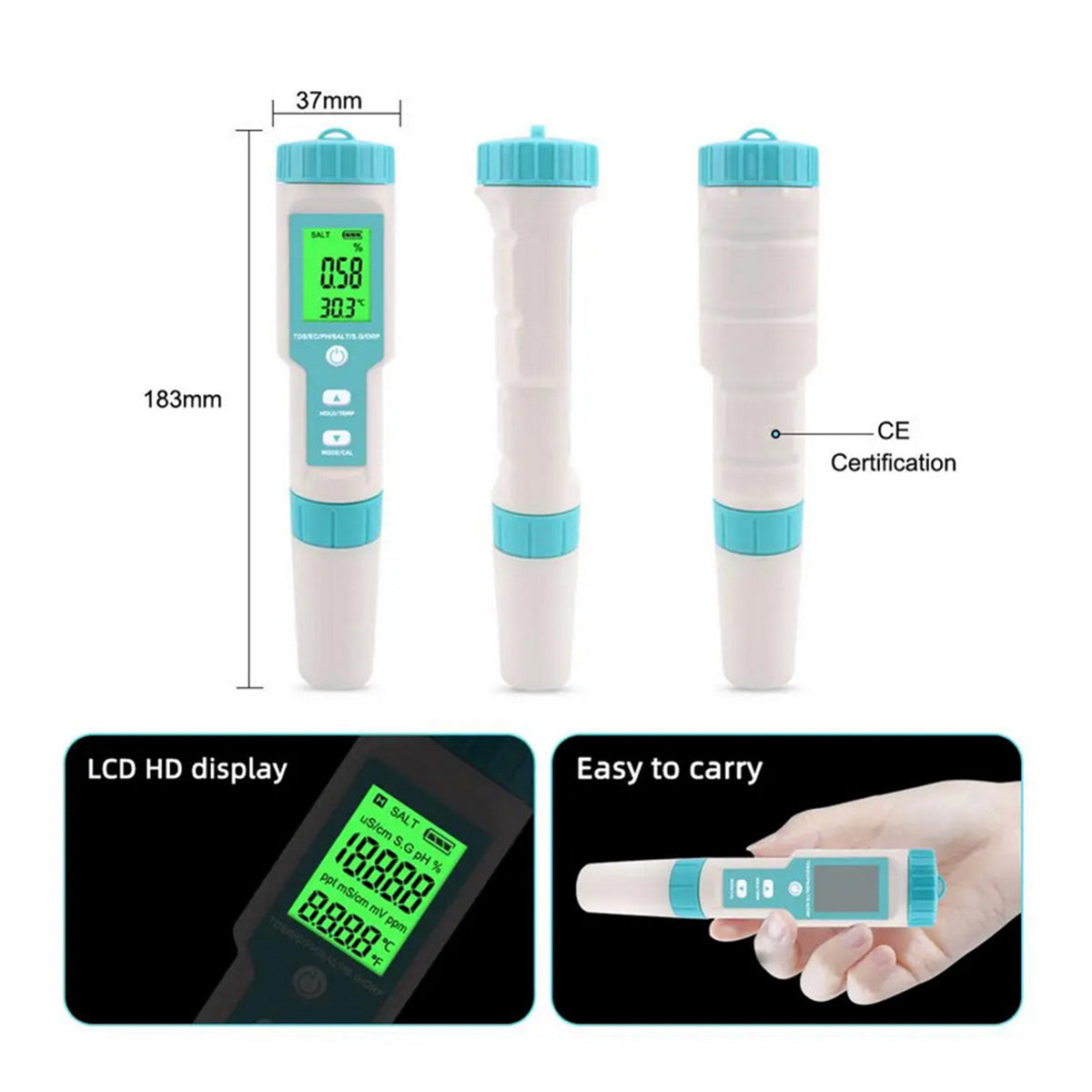 7-in-1 Digital LCD Water Quality Tester Pen – PH/TDS/EC/ORP/Temp/Salinity/SG