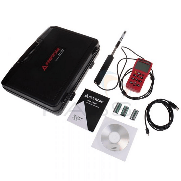 The complete AMPROBE TMA-21HW hot wire anemometer kit, including the instrument with probe, a rugged hard carrying case, user manual, USB cable, batteries, and software CD.