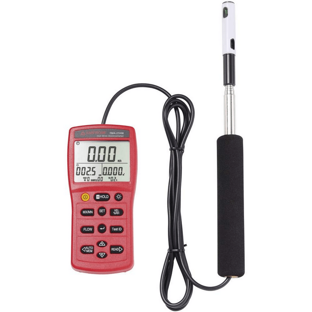 The AMPROBE TMA-21HW hot wire anemometer powered on, featuring its telescopic probe and a digital display showing a 0.00 m/s reading.