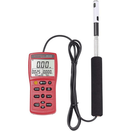 The AMPROBE TMA-21HW hot wire anemometer powered on, featuring its telescopic probe and a digital display showing a 0.00 m/s reading.