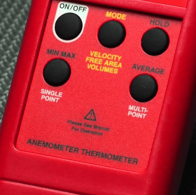 Detailed close-up of the AMPROBE TMA10A anemometer's control panel, showing the intuitive buttons for power, mode, data hold, and MIN/MAX/AVG functions.