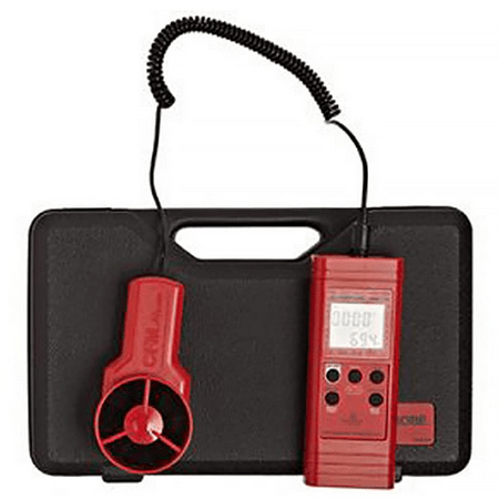 The AMPROBE TMA10A thermo-anemometer powered on with its vane probe connected, ready for immediate air velocity and CFM measurement in the field.