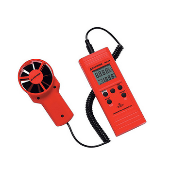 Close-up of the AMPROBE TMA10A digital anemometer's dual LCD display during its power-on self-test, showing all segments illuminated for diagnostics.