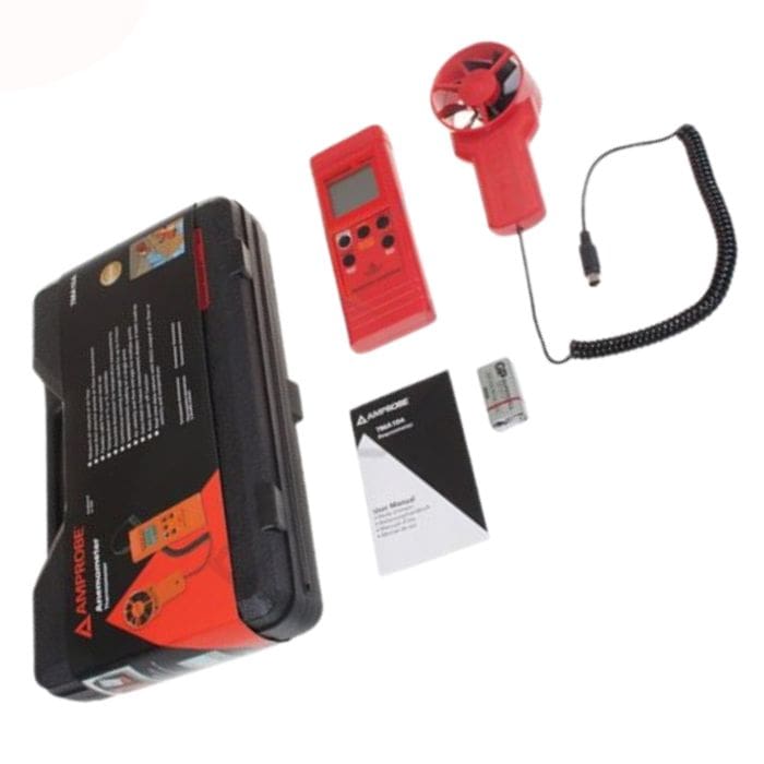 Full kit contents of the AMPROBE TMA10A digital anemometer, including the meter, vane probe, protective hard case, and user manual, ready for HVAC professionals.