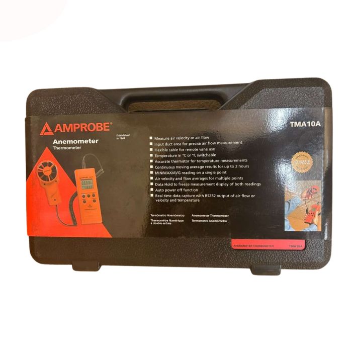 The official retail packaging and box for the AMPROBE TMA10A digital anemometer, an ideal purchase for HVAC professionals in Sri Lanka.
