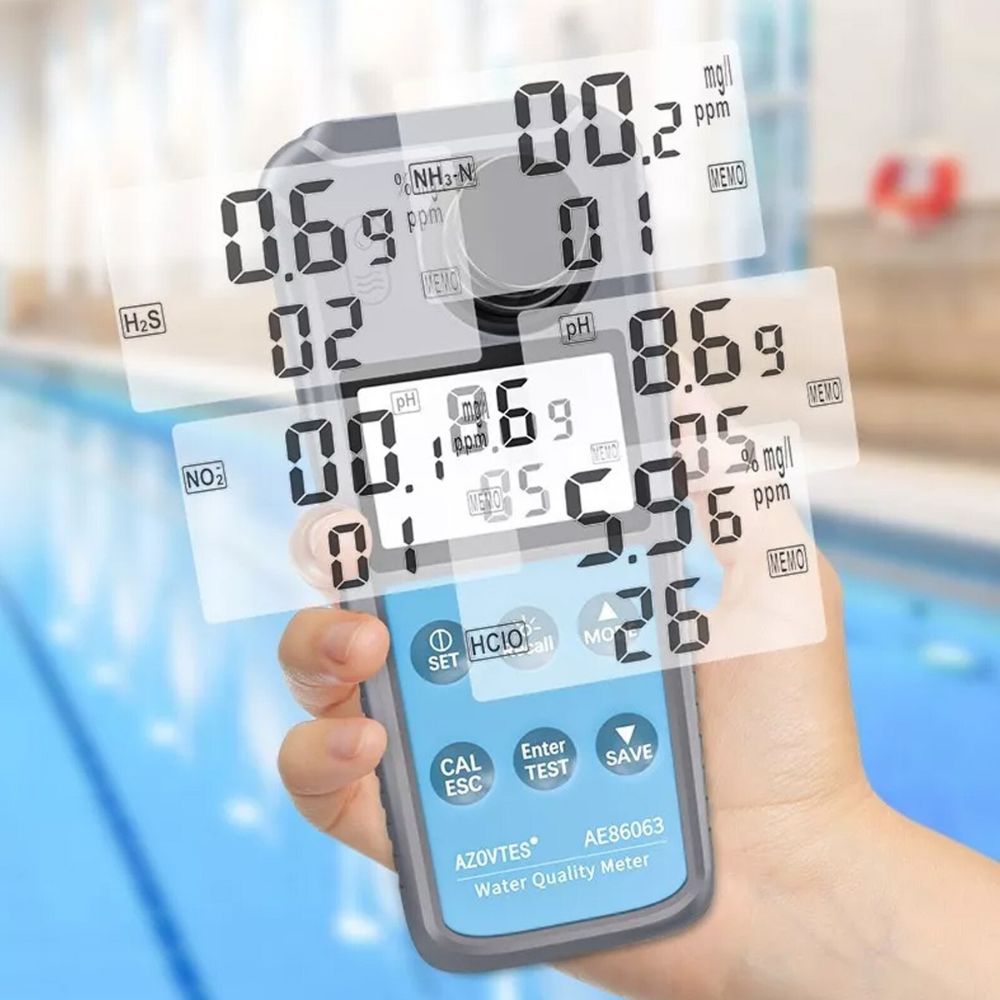 AZOVTES AE86065 digital turbidity meter display – multiple LCD screen readings showing NTU turbidity values with instrument in the background.