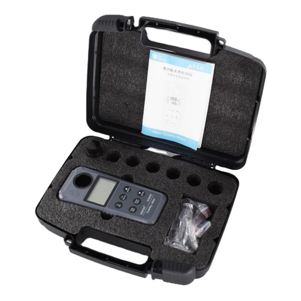 AZOVTES AE86065 Turbidity Meter kit – handheld turbidity tester neatly packed in hard carrying case with measuring bottle, syringe, batteries, and user manual.