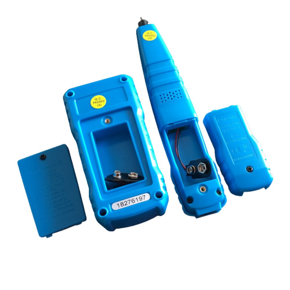 Rear view of the BSIDE FWT11 cable tracker showing the 9V battery compartments for the transmitter and receiver.