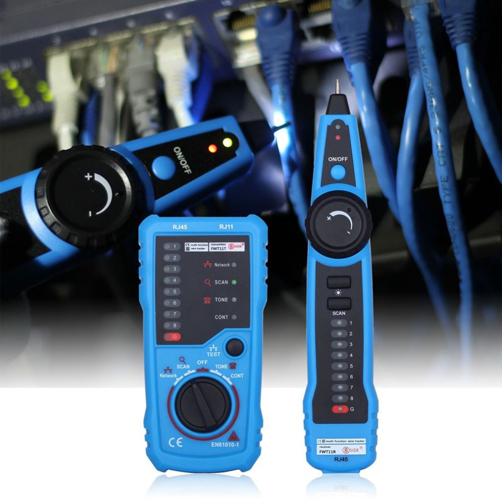 BSIDE FWT11 Ethernet continuity tester checking cables against a professional IT networking background.