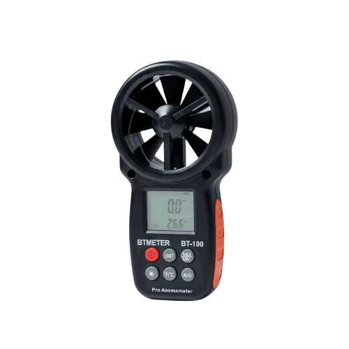 Close-up of the BTMETER BT-100 digital anemometer, powered on with its clear LCD screen showing a 0.0 m/s reading, ready for wind speed measurement in Sri Lanka.