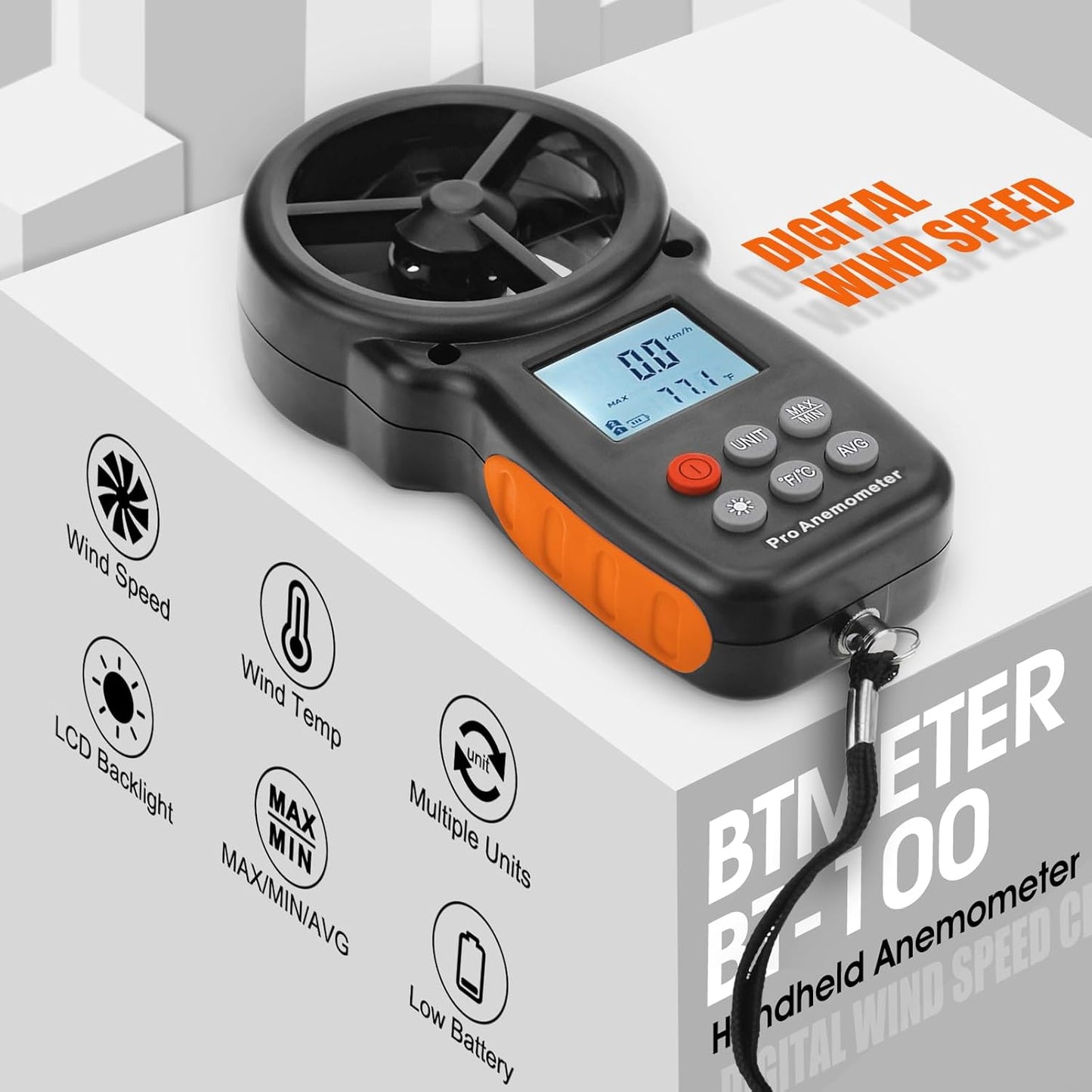 The BTMETER BT-100 digital wind gauge with its lanyard attached, powered on and resting on its official retail box, highlighting the complete product package available in Sri Lanka.