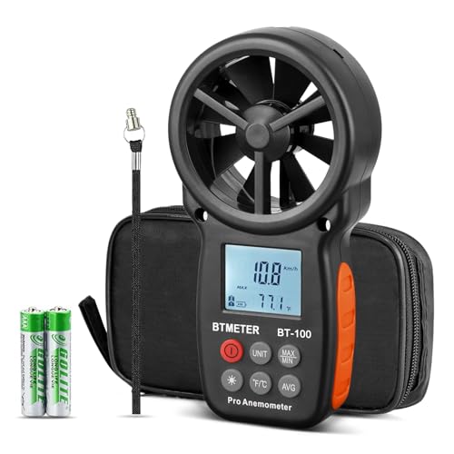 Full kit for the BTMETER BT-100 handheld wind speed meter, showing the device with a 10.8 reading and backlit screen, alongside its protective pouch, lanyard, and two AAA batteries.