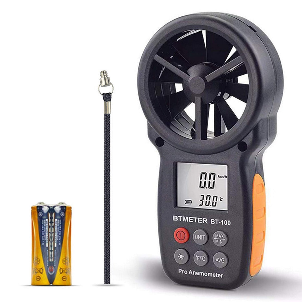 The BTMETER BT-100 pocket anemometer displayed with its lanyard and two AAA batteries, featuring a clear, unlit LCD screen, showcasing its compact and portable design.