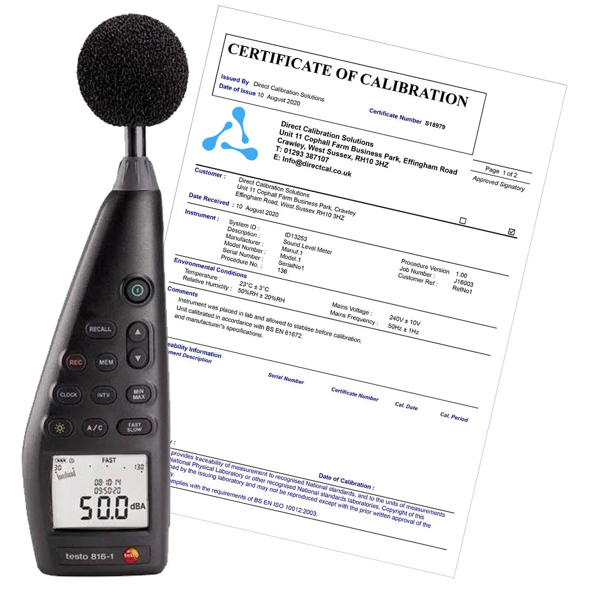 A TESTO 816-1 sound level meter compliant with IEC 61672-1 Class 2 standards, shown with its official certificate of calibration in the background to ensure measurement accuracy.