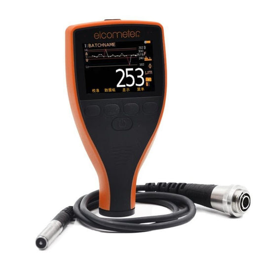 Elcometer 456 Separate Coating Thickness Gauge front view with separate probe, digital paint thickness meter showing 253 µm dry film thickness on metal surface in Sri Lanka.
