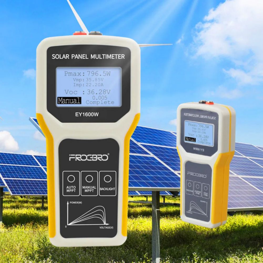 Elejoy EY1600W Solar Panel MPPT Tester on Solar Energy Background – 1600W PV Voc Isc Power Meter for Rooftop Solar Farms Commercial PV Arrays Sri Lanka Renewable Energy Installers Maintenance Professionals