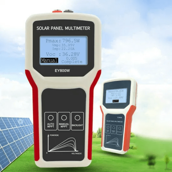 ELEJOY EY800W Photovoltaic Panel Tester with solar panels background - MPPT solar multimeter for PV performance testing, maximum power point tracking and Voc measurement in solar installations