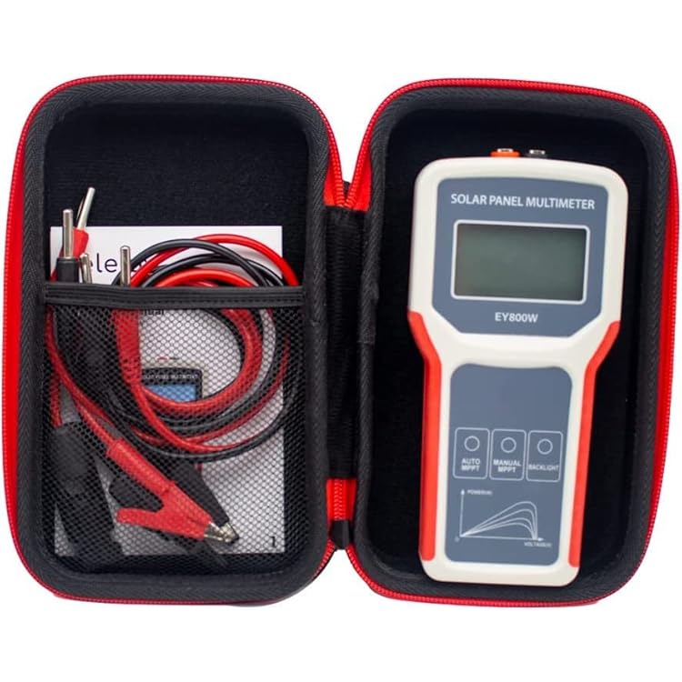 ELEJOY EY800W Solar Panel MPPT Meter complete package in open carrying case with test leads, MC4 cables, alligator clips and user manual - portable solar panel tester kit for installers and maintenance