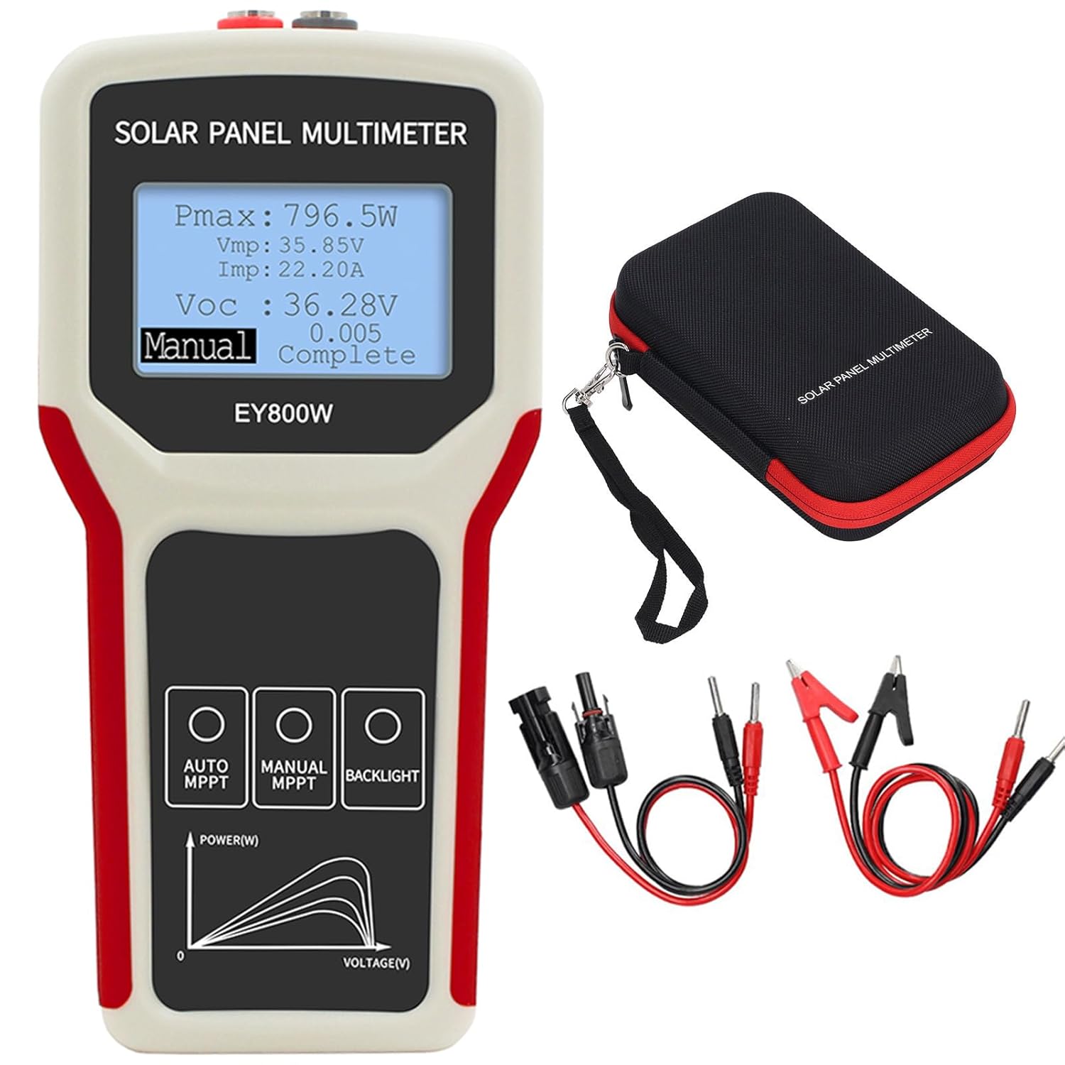 Complete ELEJOY EY800W Solar Panel Multimeter kit including PV tester main unit, MC4 test leads, alligator clips and carrying pouch - professional solar panel power tester for Sri Lanka technicians