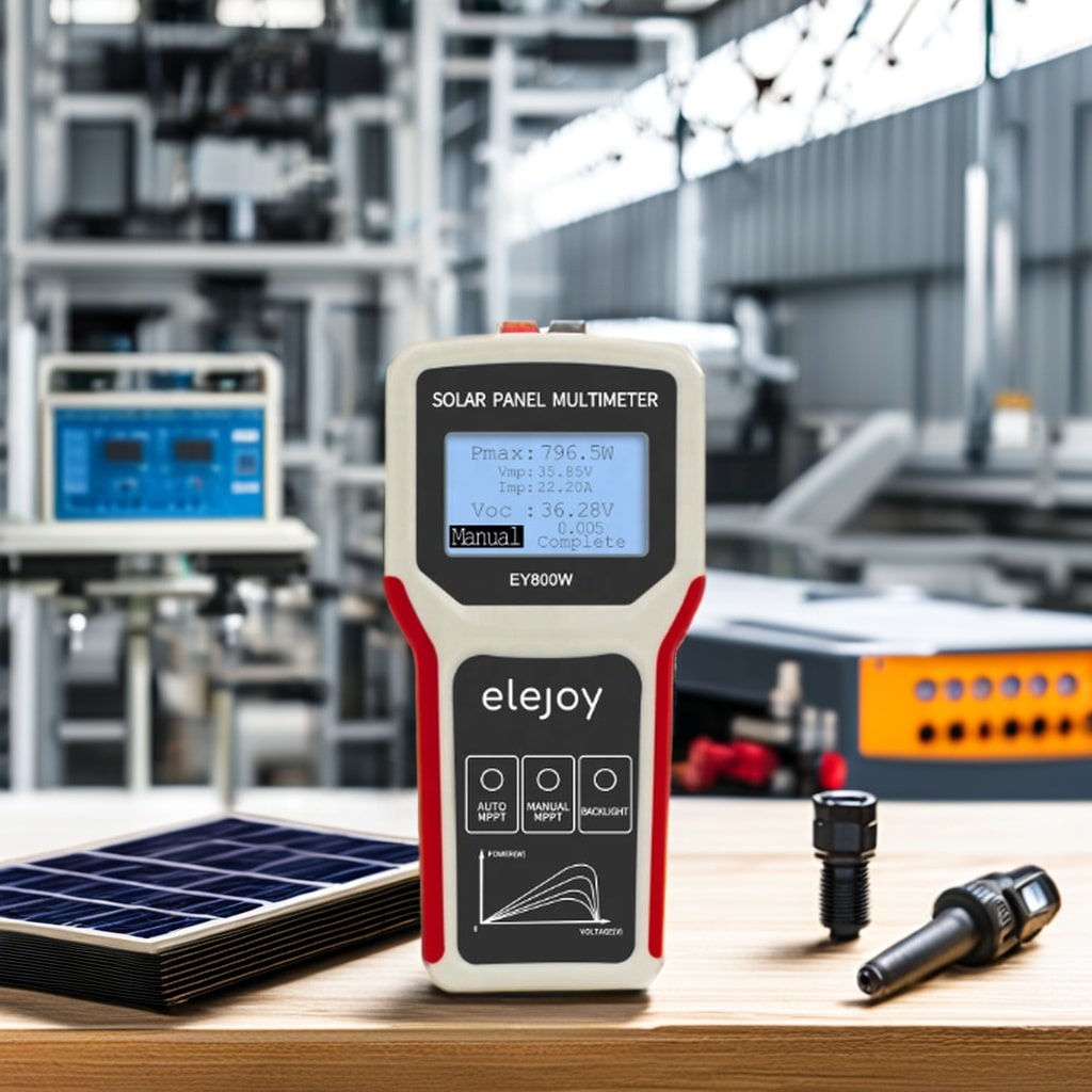 ELEJOY EY800W Solar Panel Multimeter in professional PV workshop environment - essential solar panel tester for MPPT analysis, open circuit voltage testing, power validation and photovoltaic system auditing