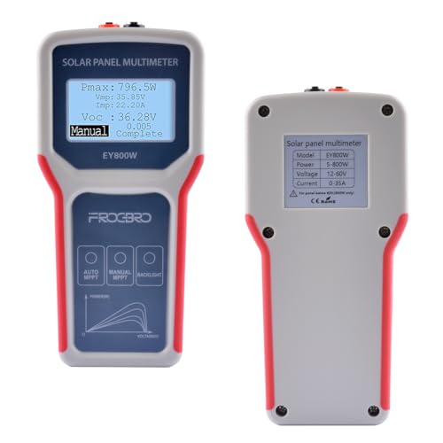 ELEJOY EY800W Solar PV Multimeter front and back view - compact 800W MPPT photovoltaic tester with LCD display, MC4 connectors for solar panel Voc Isc Pmax testing and field diagnostics