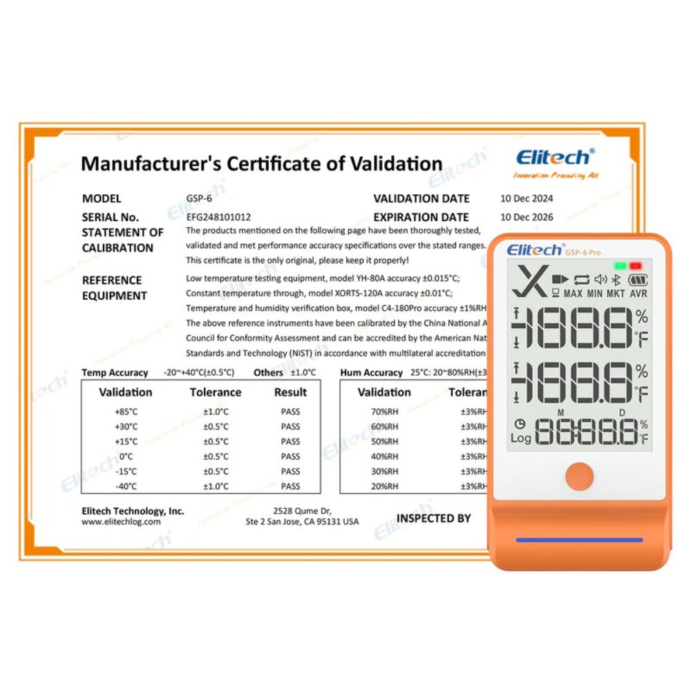 Elitech GSP-6 Pro calibrated temperature humidity data logger displayed with official calibration certificate for laboratory and pharmaceutical compliance