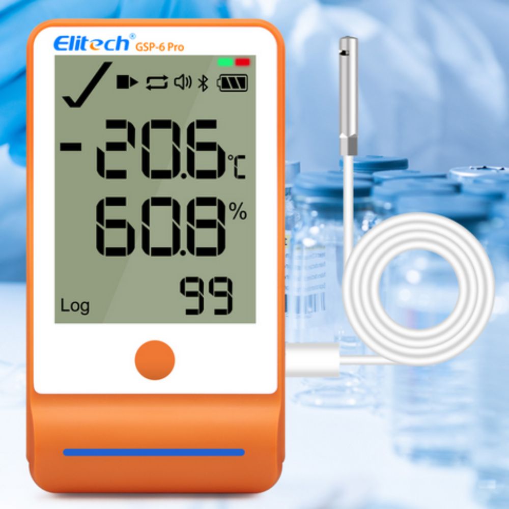 Elitech GSP-6 Pro data logger used for pharmaceutical storage temperature and humidity monitoring with 100000-point recording capacity