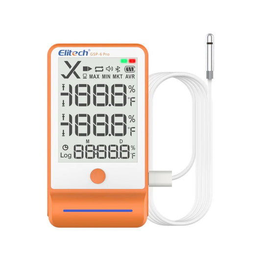 Elitech GSP-6 Pro temperature humidity data logger front view showing LCD display and external probe connector