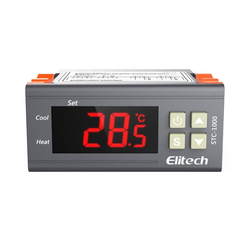 ELITECH STC-1000 digital temperature controller thermostat front view showing dual LED display with measured temperature and setpoint readout and three-button panel interface