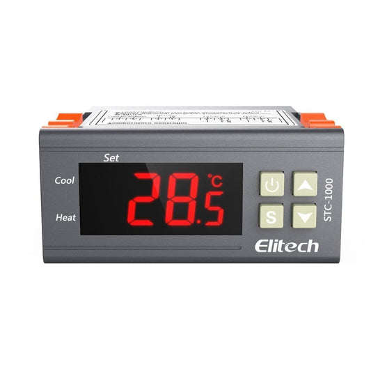 ELITECH STC-1000 digital temperature controller thermostat front view showing dual LED display with measured temperature and setpoint readout and three-button panel interface