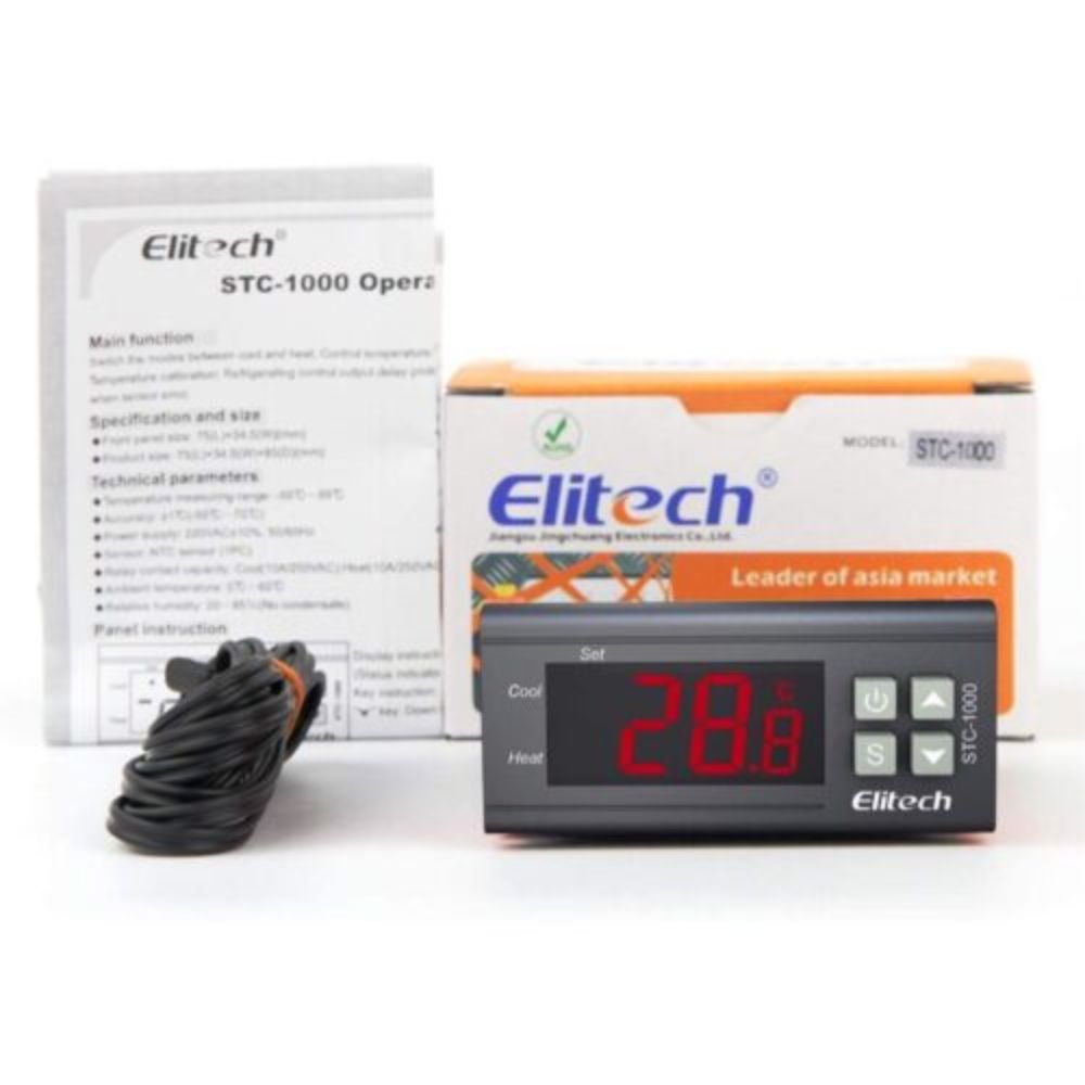 ELITECH STC-1000 dual relay heating and cooling thermostat complete set including controller unit, NTC temperature sensor with 2m cable, panel mount bracket and user manual — available in Sri Lanka at nanozone.lk