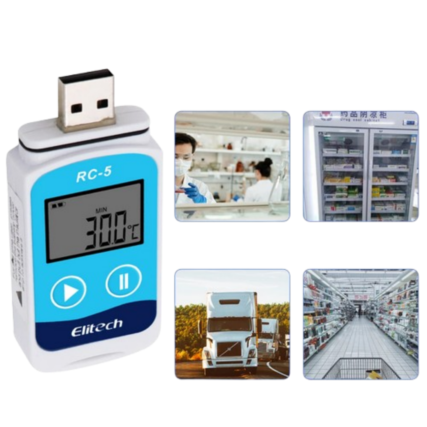 Elitech temperature data logger with images of a lab, refrigerator, truck, and store aisle.