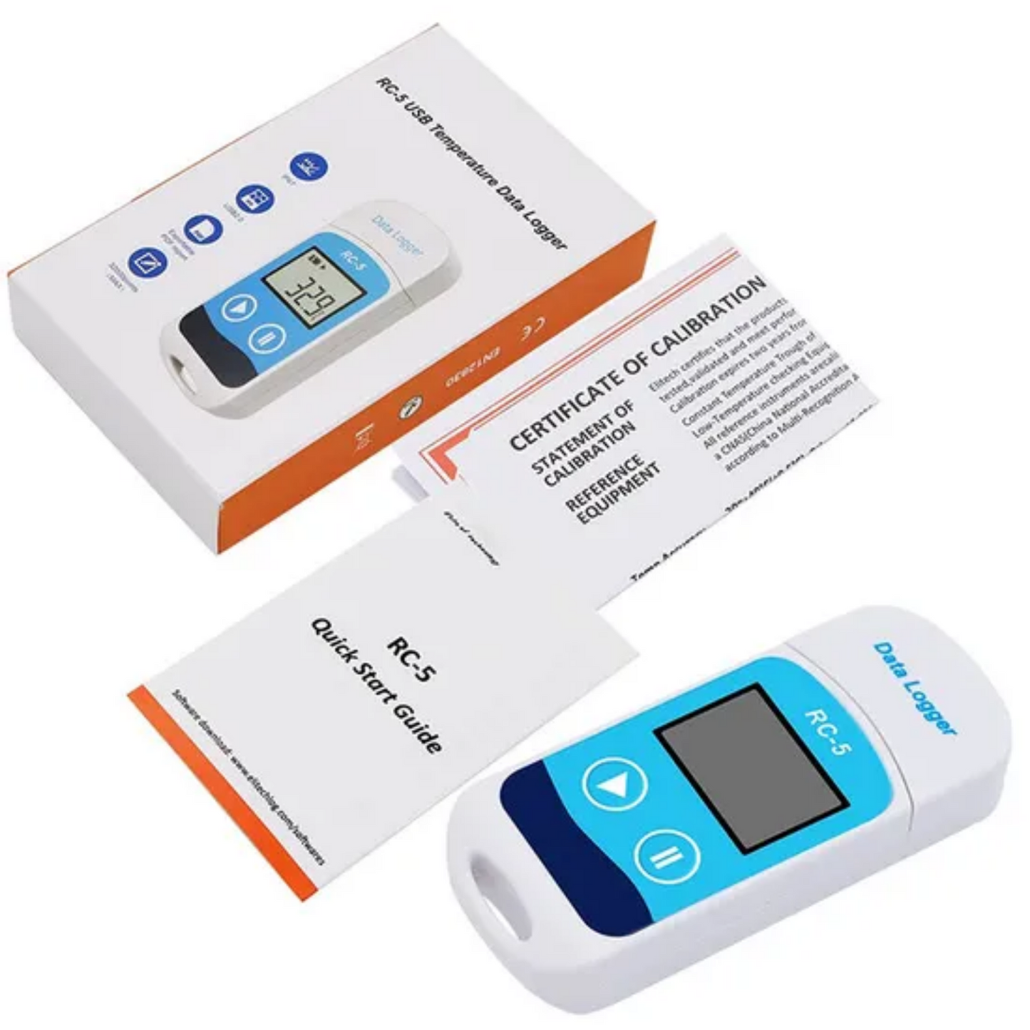 Elitech RC-5 Temperature data logger with packaging, calibration certificate, and quick start guide on a white background