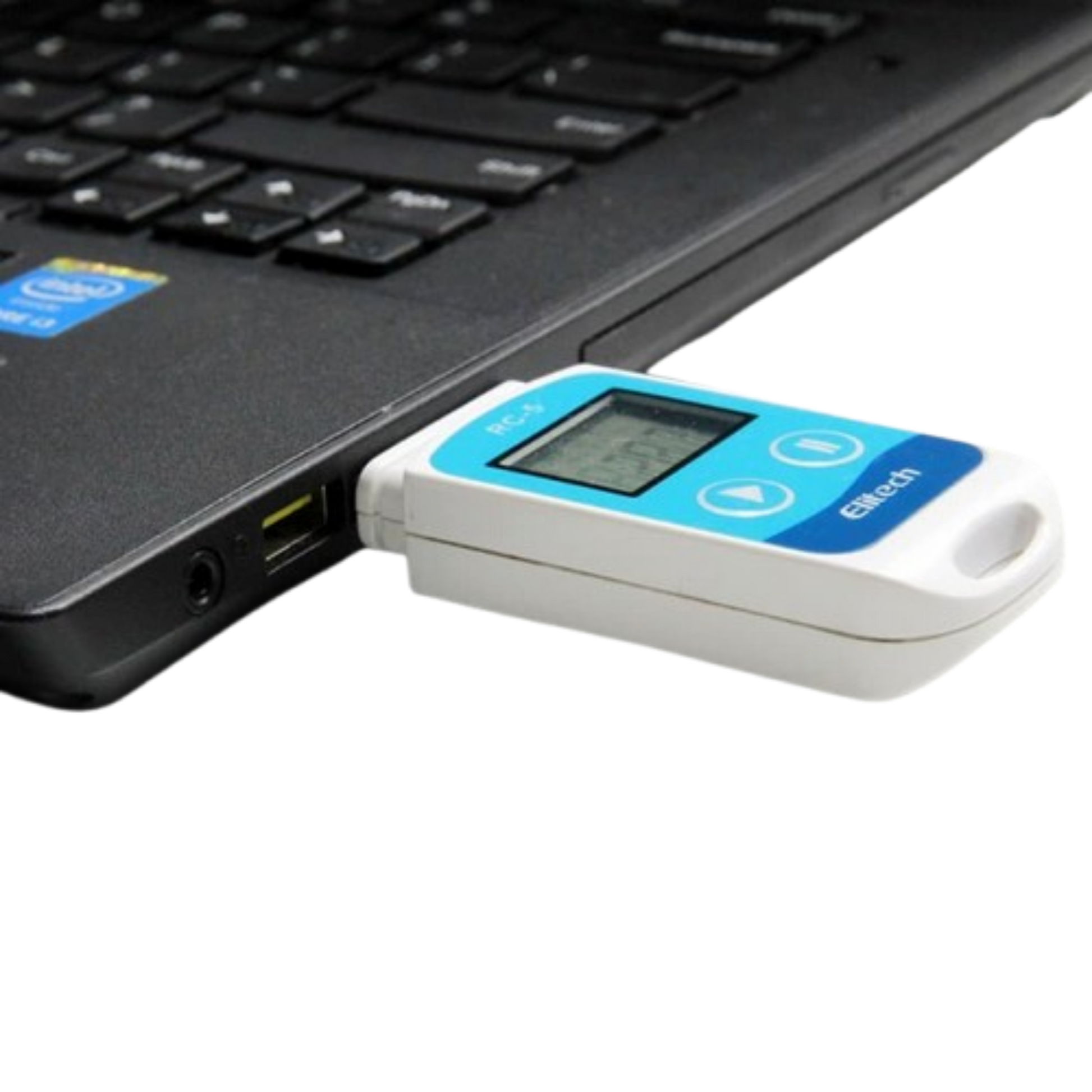 Elitech RC-5 Temperature Data Logger Connected to a USB Port of a Laptop Computer