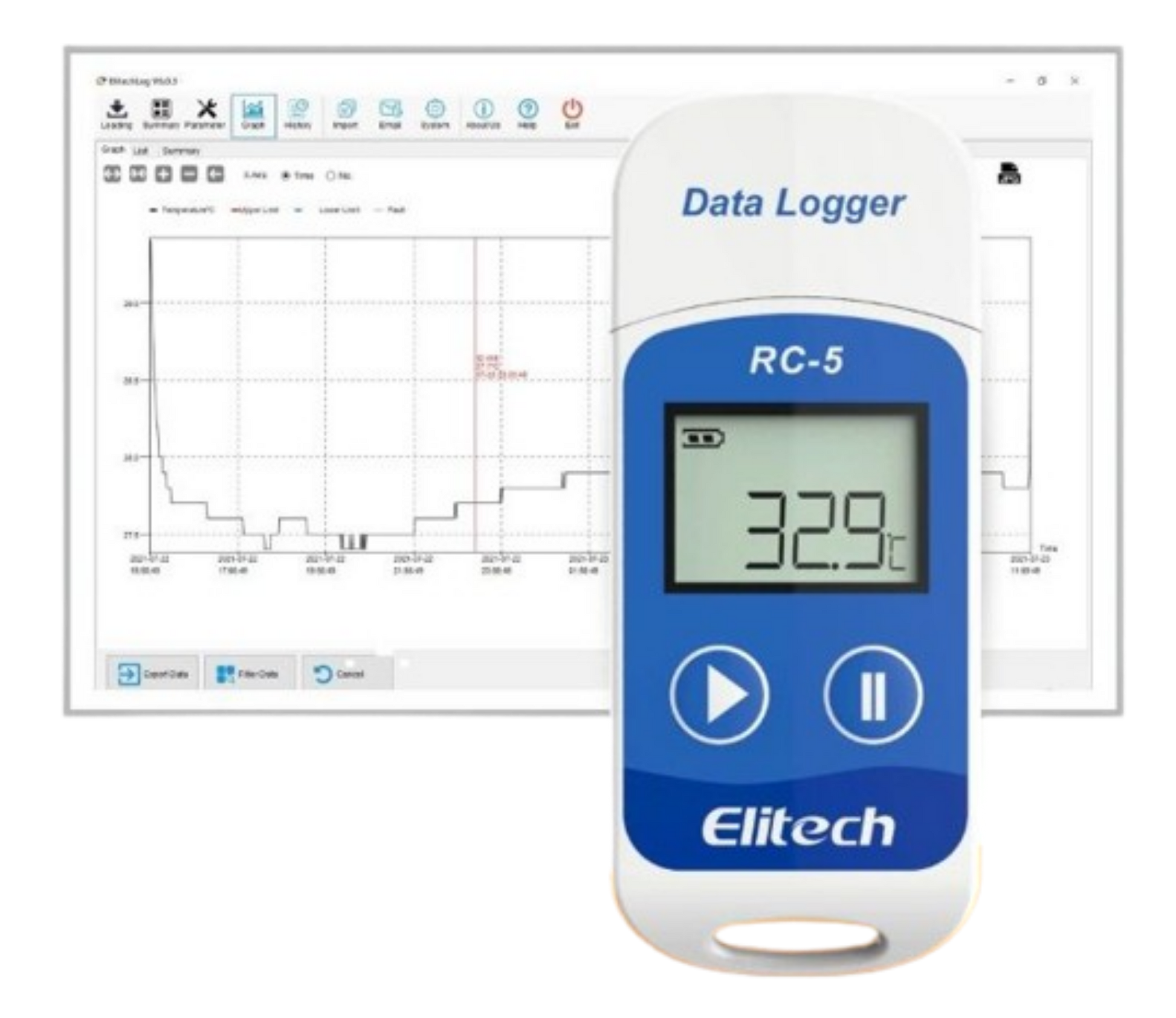 Elitech RC-5 data logger with digital display and software interface on a white background