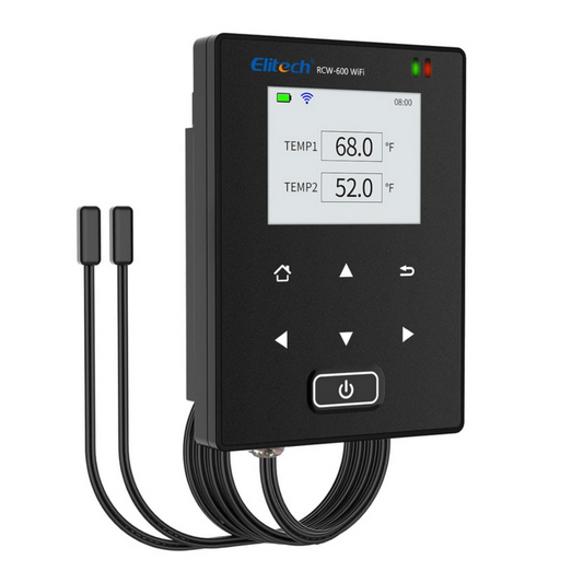 An Elitech RCW-600 Wi-Fi temperature data logger with a black casing and a digital display showing temperature readings. It features a Wi-Fi connection and an attached probe with a temperature sensor.