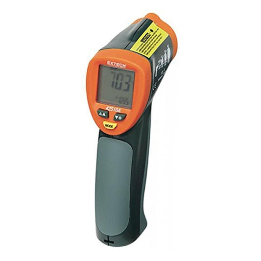Extech 42510A digital laser pyrometer front view showing backlit LCD display with 70.3°C temperature reading. Ideal for non-contact heat measurement with adjustable emissivity (0.95 selected) for diverse industrial surfaces.