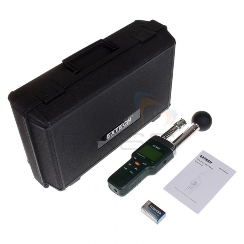 Complete EXTECH HT200 WBGT Heat Stress Meter package with hard carrying case, manual, calibration certificate - Professional thermal stress detector, heat index meter for factories, foundries, sports fields, construction Sri Lanka.