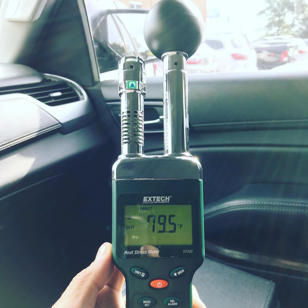 EXTECH HT200 Heat Stress WBGT Meter front and back showing 50mm black globe sensor, LCD display, tripod mount - Professional thermal stress meter, heat index gauge, occupational safety instrument Sri Lanka.