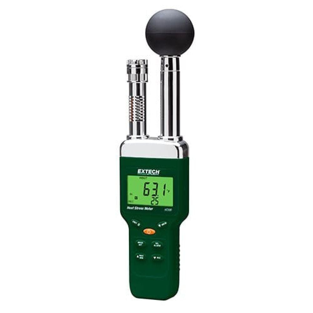 EXTECH HT200 Heat Stress WBGT Meter front view powered on showing WBGT reading, air temperature, humidity display - Wet Bulb Globe Temperature heat index monitor for occupational safety, industrial hygiene, construction sites Sri Lanka.