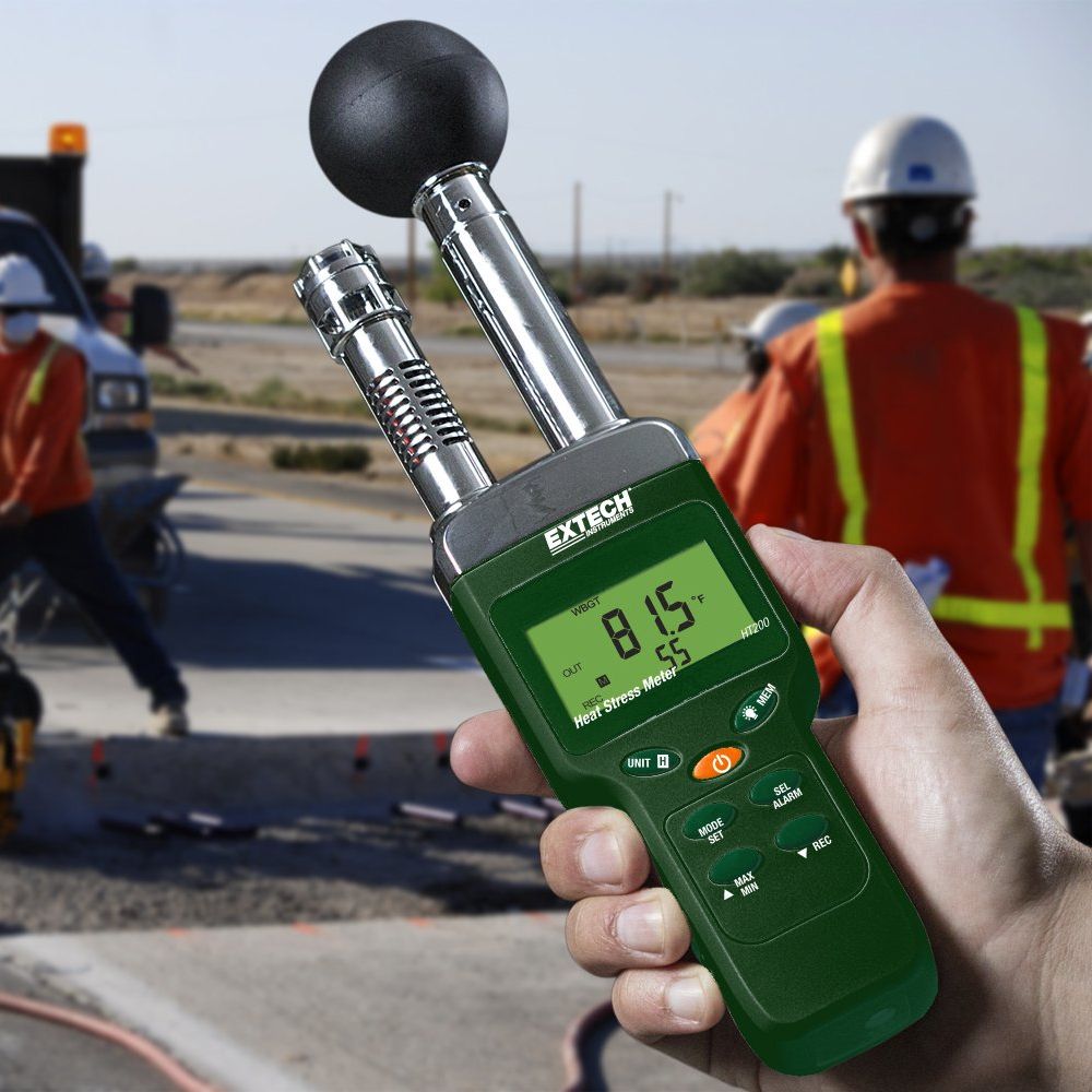 EXTECH HT200 WBGT Meter measuring outdoor construction site heat stress with solar radiation - Agriculture, civil engineering, sports training, landscaping heat risk monitor Sri Lanka.