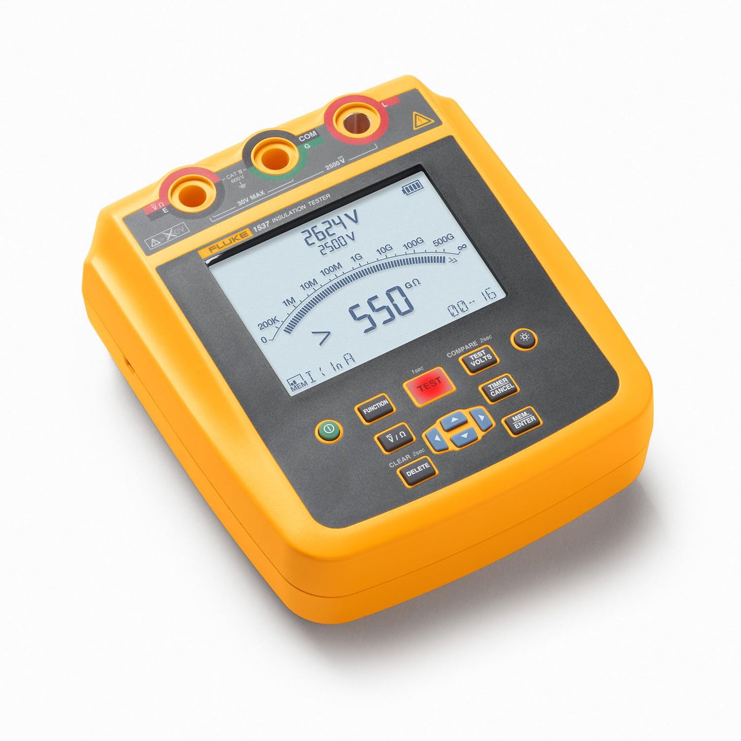 Close-up front view of FLUKE 1537 insulation tester with 2500V test voltage selected and 550 gigaohm resistance reading displayed, no test leads connected